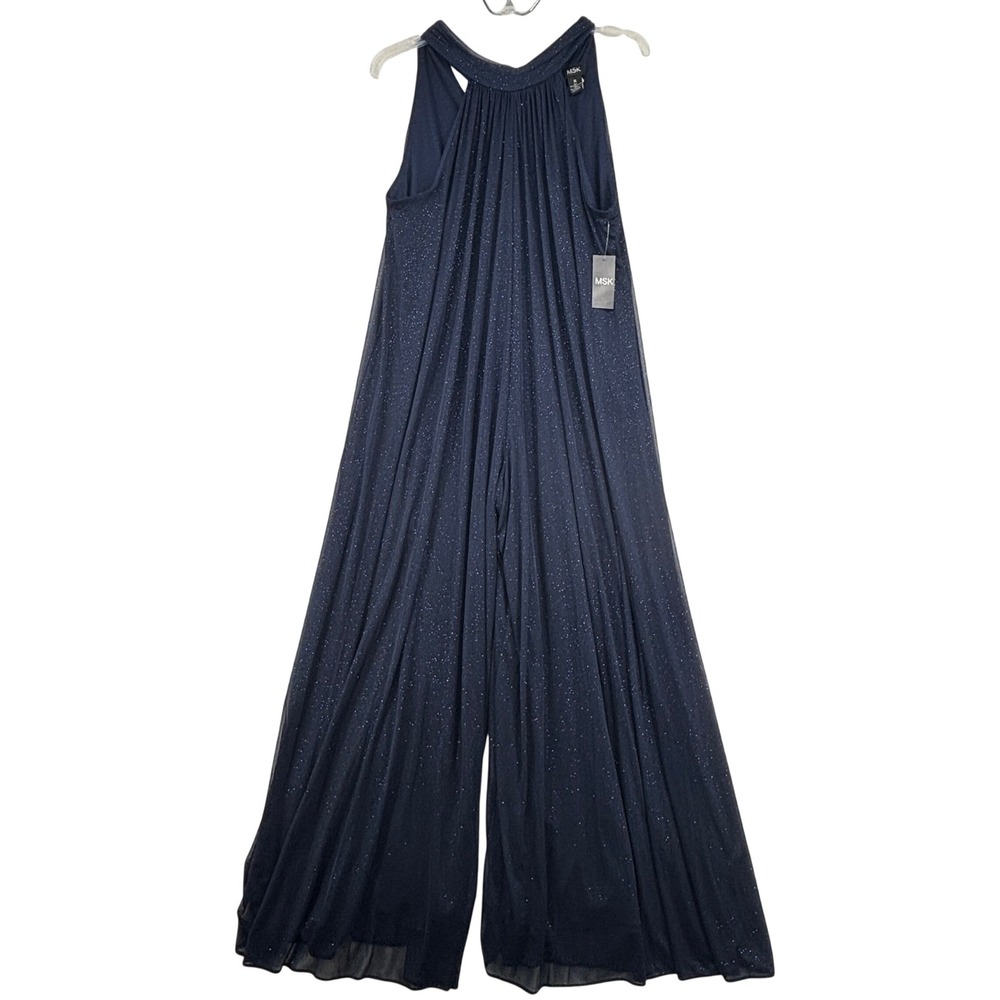 MSK Style Setter Jumpsuit Women XL Navy Blue Glitter Pleated Halter Wide Leg